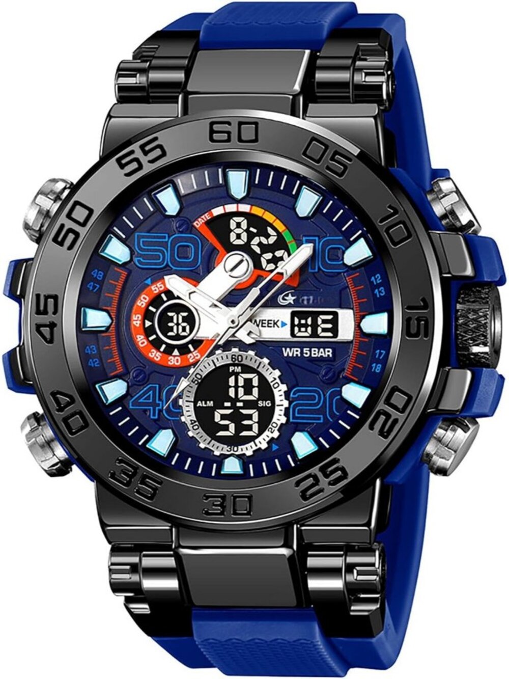 Men's Blue Analog Quartz Waterproof Sports Outdoor Military LED Digital Watch